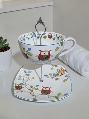 Owl Pattern Tea Cup & Snack Plate Set -
